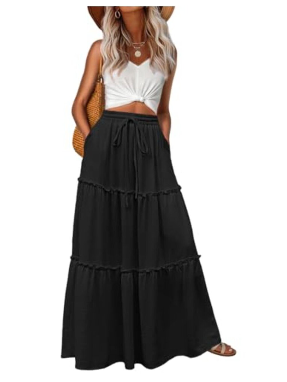 Women's Maxi Skirt with Pockets Elastic Waist Pleated A-Line Flowy Swing Boho